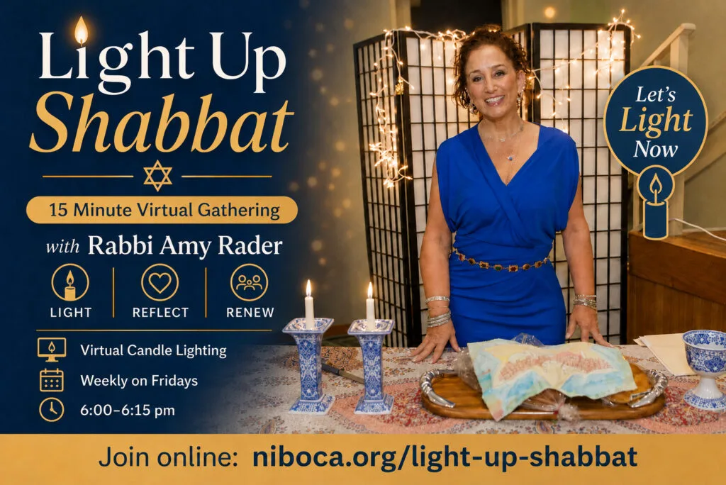 Rabbi Amy Rader leading Light Up Shabbat virtual candle lighting on Zoom at niboca.org Every Friday at 6:00 PM, wherever you are, the candles are lit together.